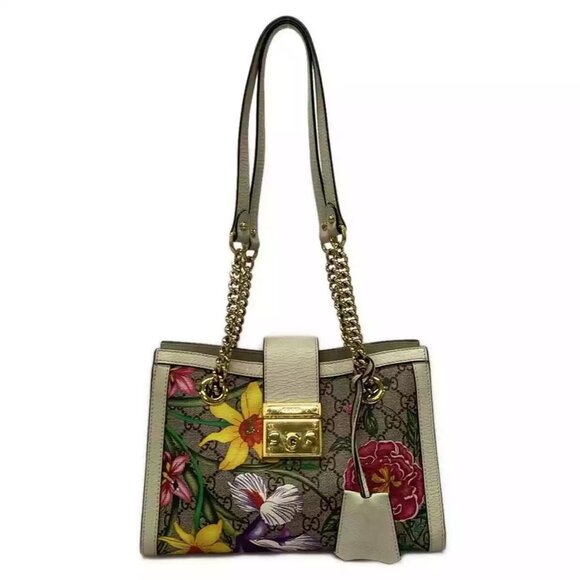 GUCCI Padlock small shoulder bag/GG Flora Beige Cream Multi PVC - 896-012225 - Picture 1 of 14